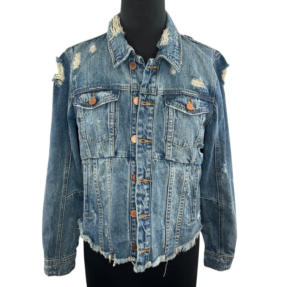 Blank NYC Reworked Distressed Raw Hem Denim Jean Jacket Sneak Peek Blue Cotton S